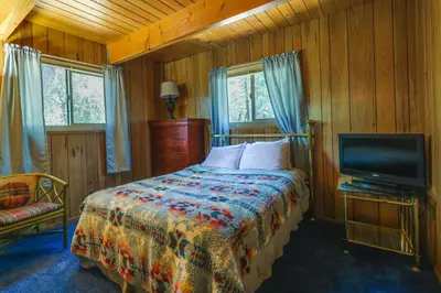 a bedroom with a bed and a television in it at Hike, Bike and Golf Peaceful Cabin in Twain Harte! in Twain Harte