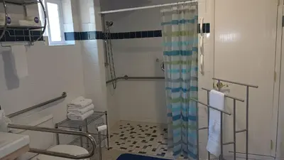 a bathroom with a shower with a shower curtain at Cedar-Lake Area Winter Special Ends 51626 in Bass Lake