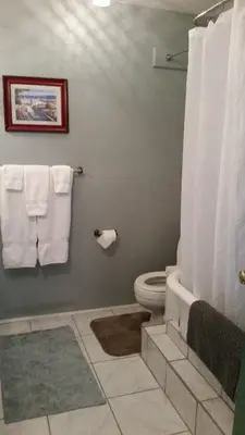 a bathroom with a toilet and white towels at The Parks Inn in Three Rivers