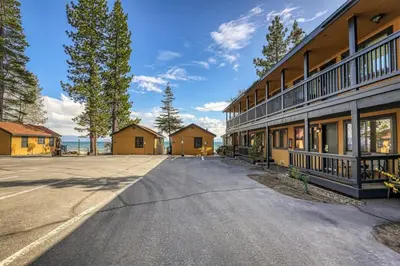 an empty road in front of a building at Lakeside Studio Steps from the Beach in Tahoe Vista