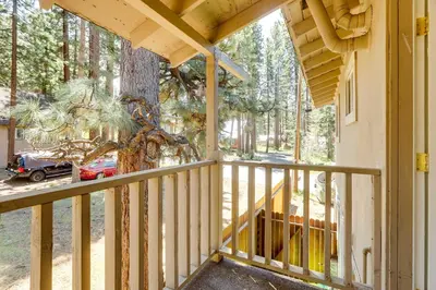 a view from the porch of a house with a tree at Welcoming South Lake Tahoe Rental Near Beaches in South Lake Tahoe