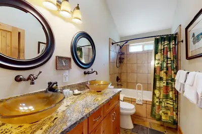 a bathroom with a gold sink and a shower at Kings Beach Retreat in Kings Beach