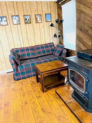a living room with a couch and a stove at Green Cabin in Midpines in Midpines