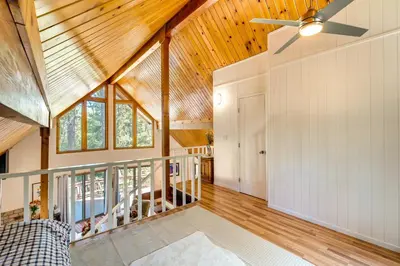 a home with wooden ceilings and a ceiling fan at Groveland Vacation Rental about 26 Miles to Yosemite! in Groveland