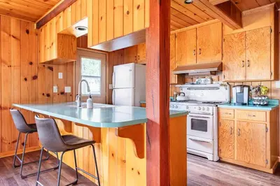 a kitchen with a counter and a sink and a stove at Sequoia Retreat- Spacious Cabin, Hot tub, & Sundeck in Ponderosa