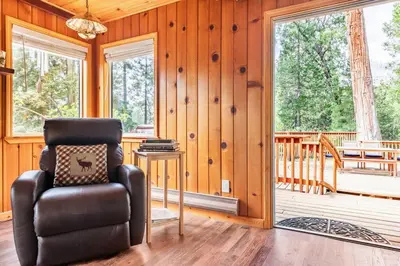 a living room with a chair and a porch at Sequoia Retreat- Spacious Cabin, Hot tub, & Sundeck in Ponderosa