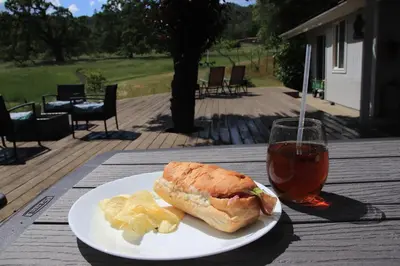 a sandwich and chips on a plate on a table with a drink at Casa Mariposa - A Foothill Retreat near Yosemite in Mariposa