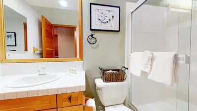 a bathroom with a toilet and a sink and a shower at Snowcreek V #757 condo in Mammoth Lakes