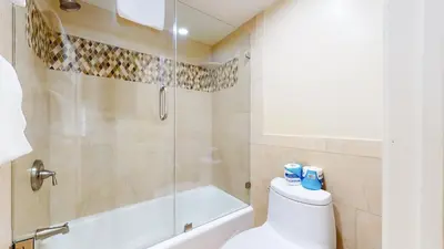 a bathroom with a tub and a toilet and a shower at Summit #245 condo in Mammoth Lakes