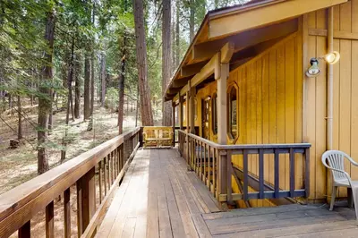 a wooden walkway to a cabin in the woods at Cresta Cabin in Arnold