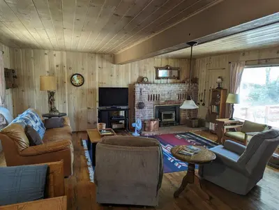 a living room with a couch and a fireplace at Moore's Cabin in Miramonte