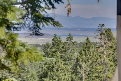 a view of a forest of trees with mountains in the background at Mammoth Lakes Condo with Fireplace and Mountain Views in Mammoth Lakes