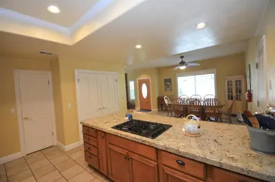 a kitchen with a counter top and a stove top at King- Lake Area in Bass Lake