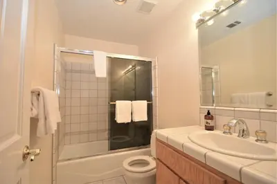 a bathroom with a shower and a toilet and a sink at King- Lake Area in Bass Lake