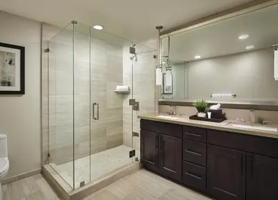 a bathroom with a glass shower and a sink at Hyatt Vacation Club at Northstar Lodge in Truckee