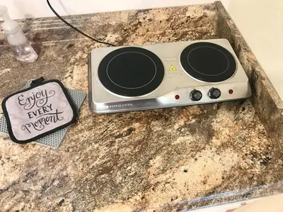 a counter top with a speaker on top of it at Crane Suite Hot Tub Bbq King Bed- Sleeps 4 in Ahwahnee