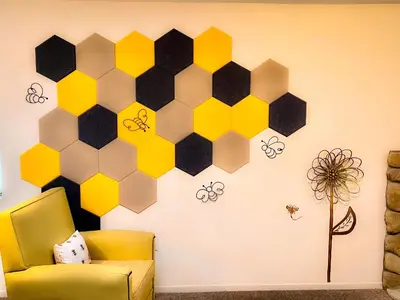 a room with a yellow chair and a wall at Honeybee Hive HOT TUB BBQ 8 minutes to Bass Lake Sleeps up to 6 in North Fork