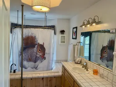 a bathroom with a shower with a squirrel shower curtain at Squirrel View Hot tub BBQ Patio Shuffle Board in Oakhurst