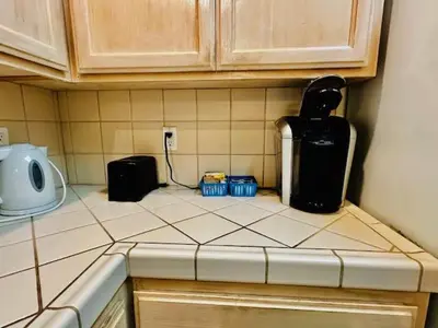 a kitchen counter with a toaster and a blender on it at Wild Stallion HOT TUB Sleeps 4 Darts Private in Ahwahnee