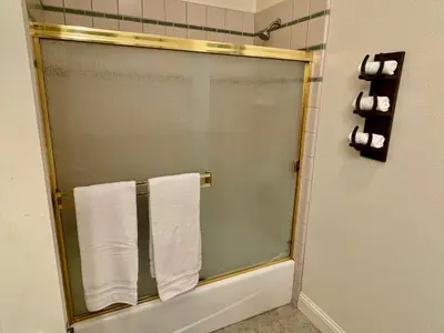 a bathroom with a glass shower stall with towels at Wild Stallion HOT TUB Sleeps 4 Darts Private in Ahwahnee