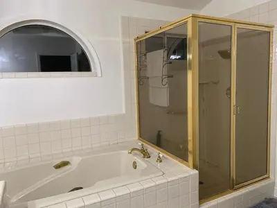 a bathroom with a shower and a bath tub at Executive home in a serene park like setting in Folsom