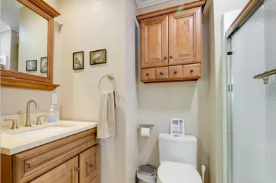 a bathroom with a toilet and a sink and a shower at Groveland Vacation Rental with Private Deck and Grill! in Groveland
