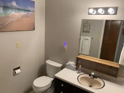 a bathroom with a white toilet and a sink at Fairway Apartments Unit 1 in Twain Harte
