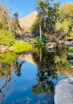 a river with trees and a hill in the background at Sequoia Cabin by the River in Three Rivers