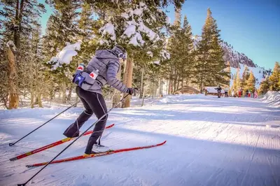a person is cross country skiing in the snow at Meadow Ridge 34 in Mammoth Lakes