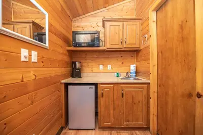 a kitchen with wooden cabinets and a sink and a microwave at Jellystone Park Tower Park Resort in Lodi