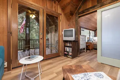 a living room with a tv and a couch at The Knotty Cabin in Kings Canyon National Park in Wilsonia
