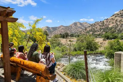 a group of people sitting on a fence looking at a river at The Congress Sequoia Motel RM6 in Three Rivers