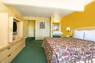 a hotel room with a bed and a television at Travelodge by Wyndham Turlock in Turlock