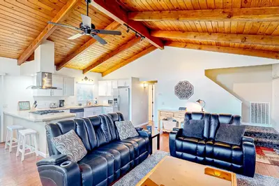 a living room with a leather couch and a kitchen at Red Umbrella Hideaway in Groveland