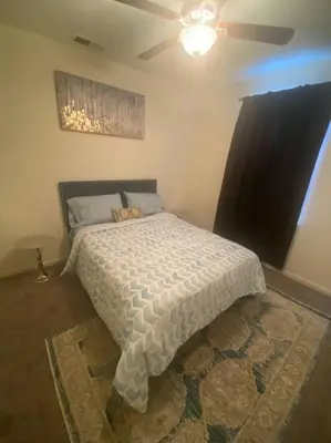a bedroom with a bed and a ceiling fan at Cozy hideaway 30 miles to Mt Rose Ski, Tahoe/ Reno in Reno