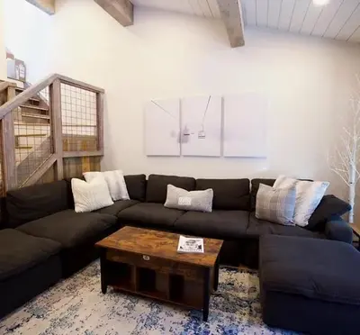 a living room with a couch and a coffee table at New Listing 2 bedroom +Loft 2 bath Summit E Bldg. #8 condo sleeps 8, Steps to Eagle Lodge/Chair #15 in Mammoth Lakes
