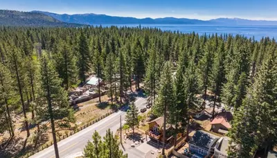 an aerial view of a forest of trees next to a road at Agate Bay Gem by Tahoe Getaways - Charming Getaway with Cozy Fireplace Near Hiking and Biking Trails in Tahoe Vista
