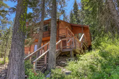 a tree house in the woods with a staircase at Alpine Escape by Tahoe Getaways - Shuttle to Ski Slopes & Fireplace in Alpine Meadows