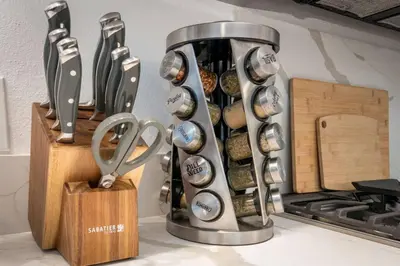 a knife block with a bunch of utensils at Newly Built Luxury Villa in the Sierra Mountains in Alta