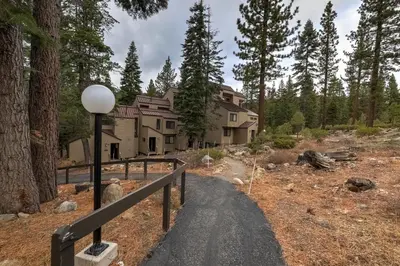 a house in the woods with a road leading to it at Alpine Escape: Tahoe Oasis Steps from Lake in Carnelian Bay