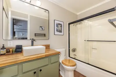 a bathroom with a sink and a shower at Epic Condo walk to Canyon Lodge in Mammoth Lakes
