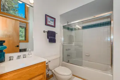a bathroom with a shower and a toilet and a sink at Tree Haus by Tahoe Getaways - Unique Pet-Friendly Tahoe Donner Home w EV & HOA Pool & Beach in Truckee
