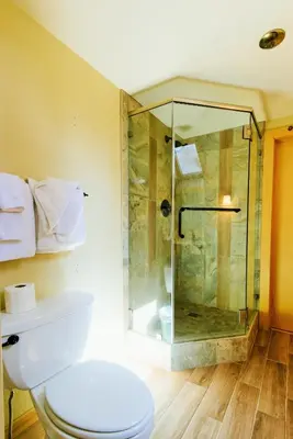 a bathroom with a glass shower and a toilet at Pioneer Lake View- 4BR Easy Walk to Town Private Hot Tub - Sleeps 11 in Tahoe City