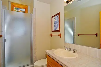 a bathroom with a shower and a sink and a toilet at Sierra Crest at Palisades Tahoe - Secluded Luxury 5BR 5 BA w Wood Fireplace in Olympic Valley