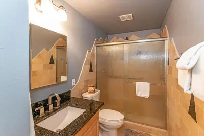 a bathroom with a shower and a sink and a toilet at 1 Alpine Terrace-renovated condo private hot tub in Incline Village