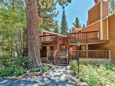 a house with a staircase leading up to a tree at Perfect location walk to town and nature in Incline Village