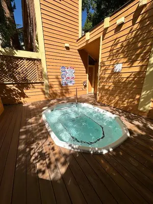 a small swimming pool on a wooden deck at 128 McCloud - Luxury Couples Retreat in Incline Village