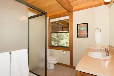 a bathroom with a toilet and a sink at Juniper at Alpine - Private Hot tub, Pet Friendly & Free Shuttle to Slopes in Olympic Valley
