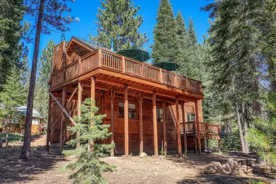 a log cabin in the woods with a tree at Shady Pines at Tahoe Donner- Serene Forest Retreat, 2 Gas Fireplaces, Sauna in Truckee