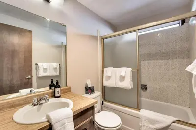 a bathroom with a sink and a toilet and a shower at Snowflake Chalet in Stateline